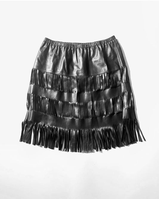 Gucci by Tom Ford S/S 1999 fringed black leather skirt with cut out panels